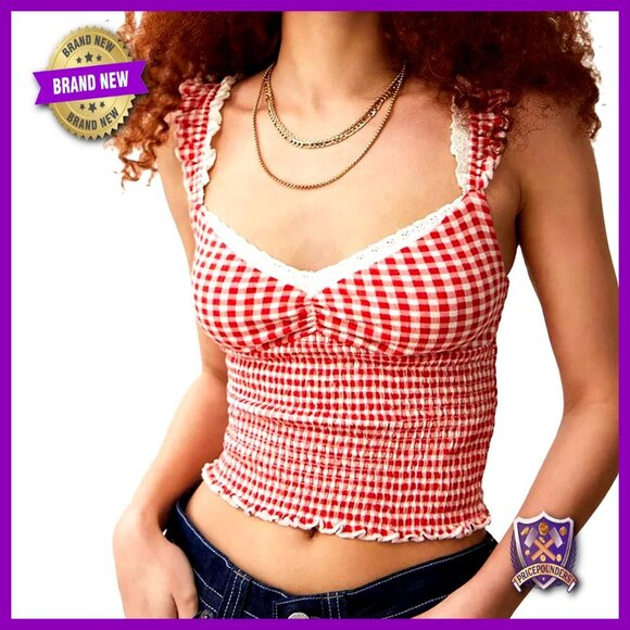 Tops - Gingham Crop Tank Top Vintage Y2K Backless Sleeveless Plaid Cami Summer